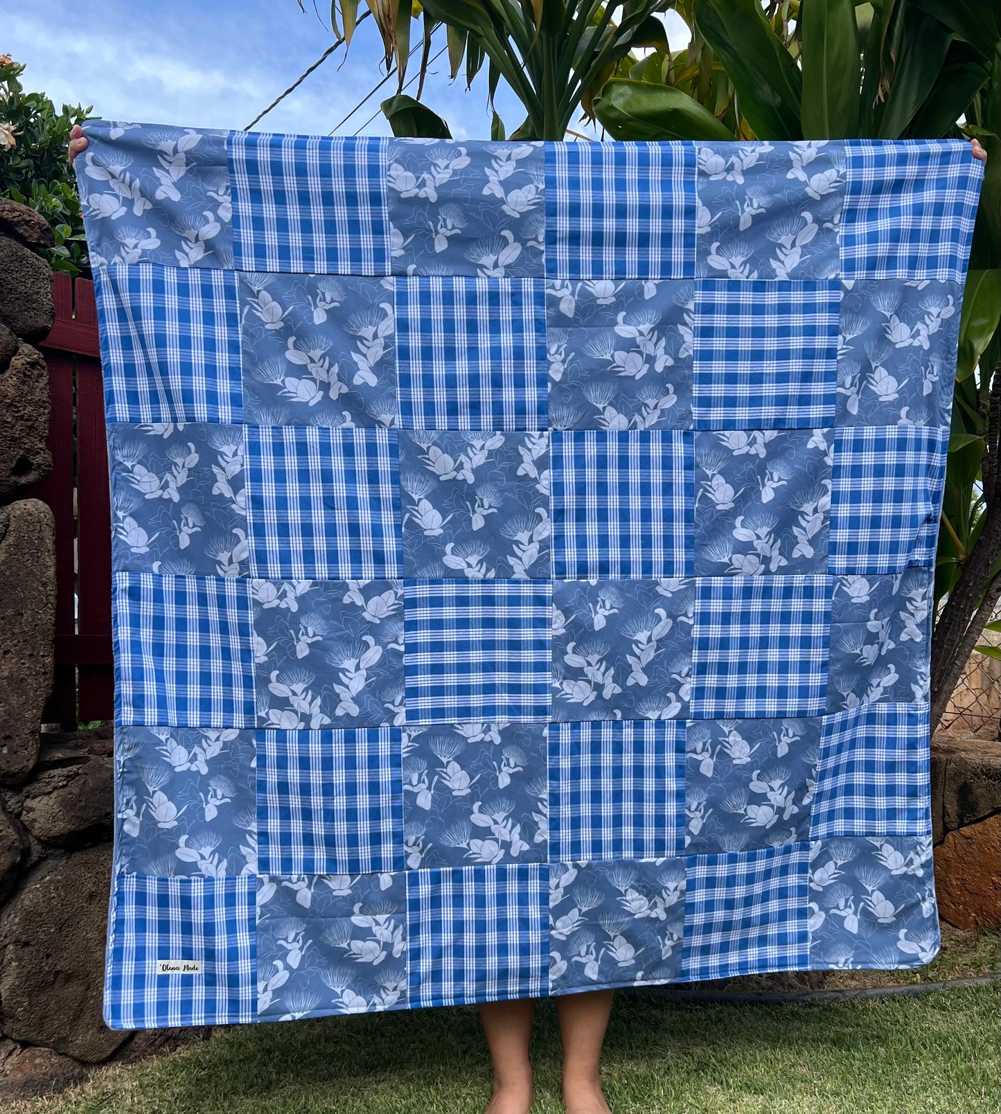 ʻŌhiʻa Lehua | Blue Palaka Patchwork Minky Blanket